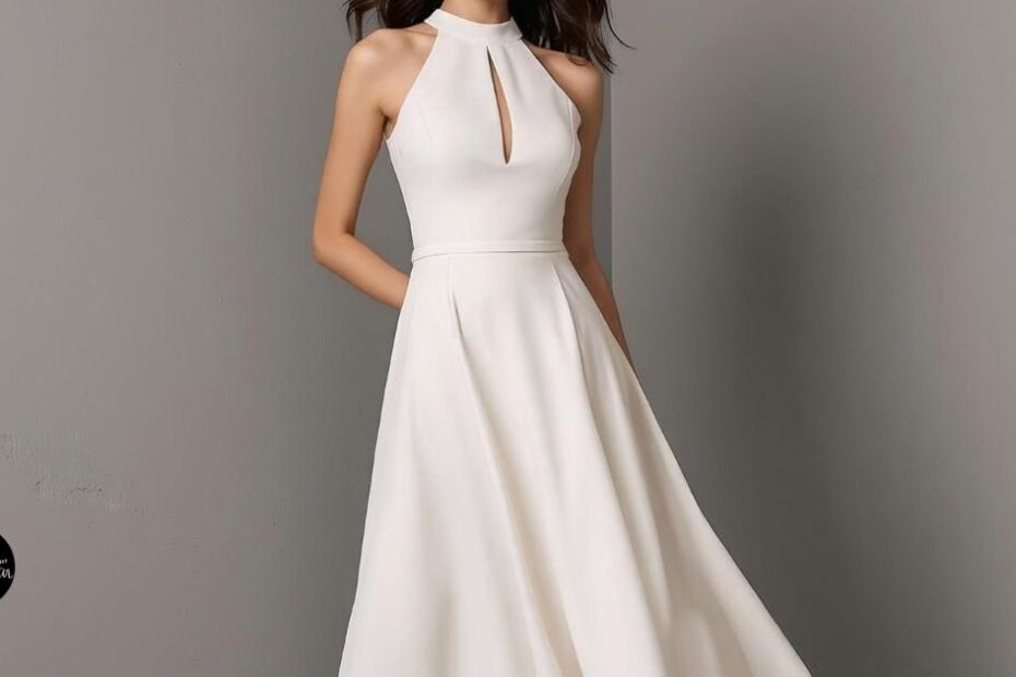 Woman in white halter midi dress with flared skirt