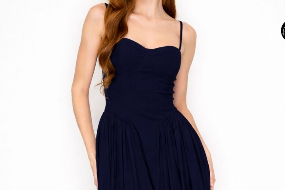 Woman wearing navy cocktail dress