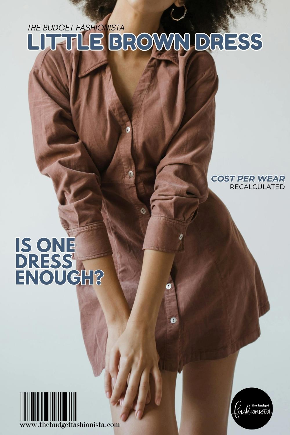 Woman wearing brown shirt dress with text overlay