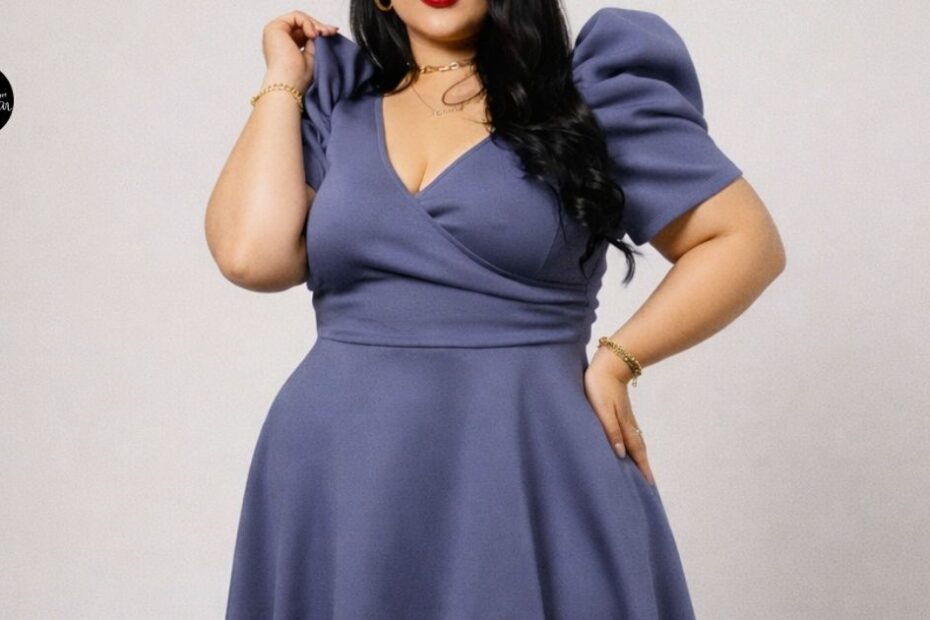 Woman in a blue wrap dress with puff sleeves posing against a neutral background