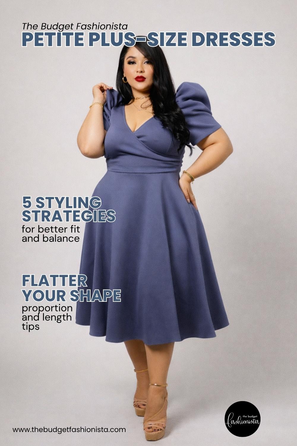 Model in blue dress with text about petite plus-size dresses and styling tips