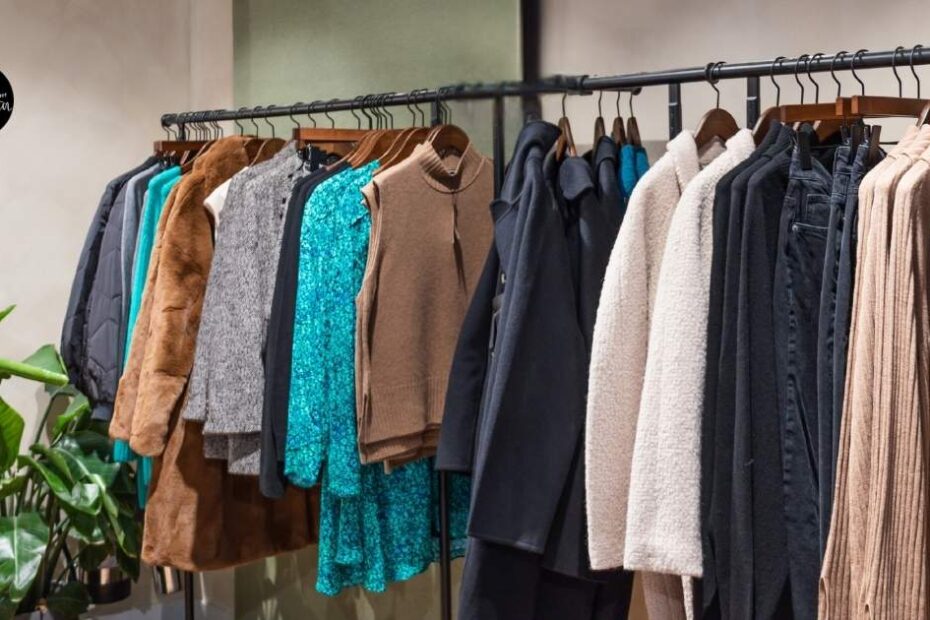 Clothing rack with assorted outfits