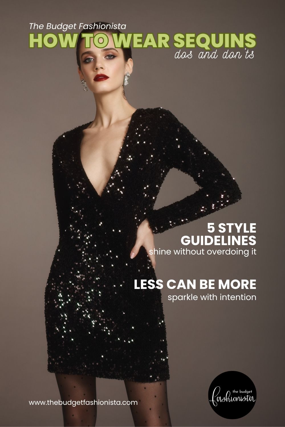 Woman in black sequin dress pose