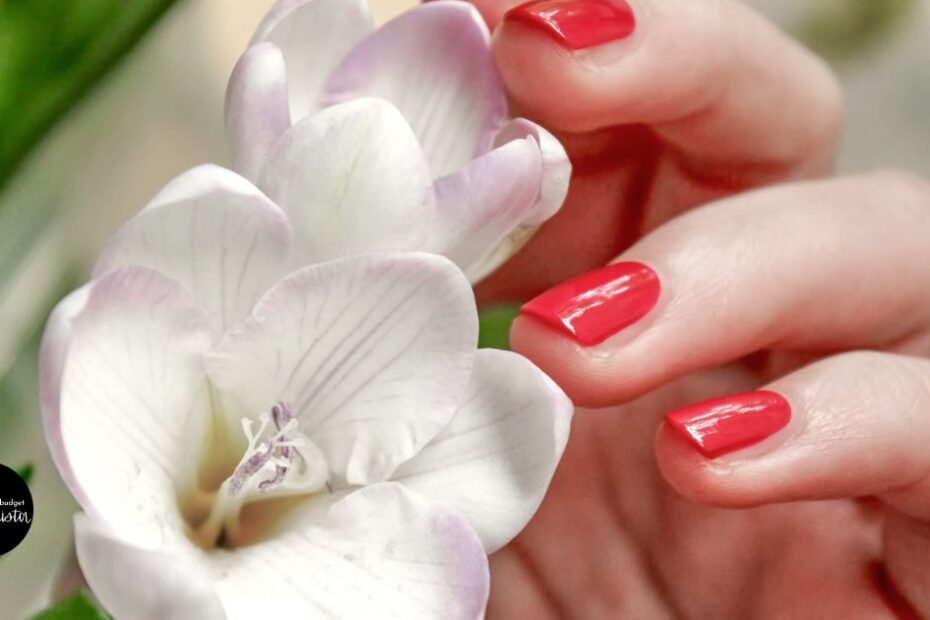 Woman's hands with fresh manicure holding flower