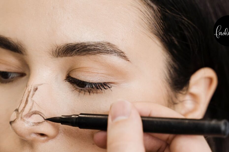 Close up of woman with markings on her nose ahead of rhinoplasty cosmetic surgery