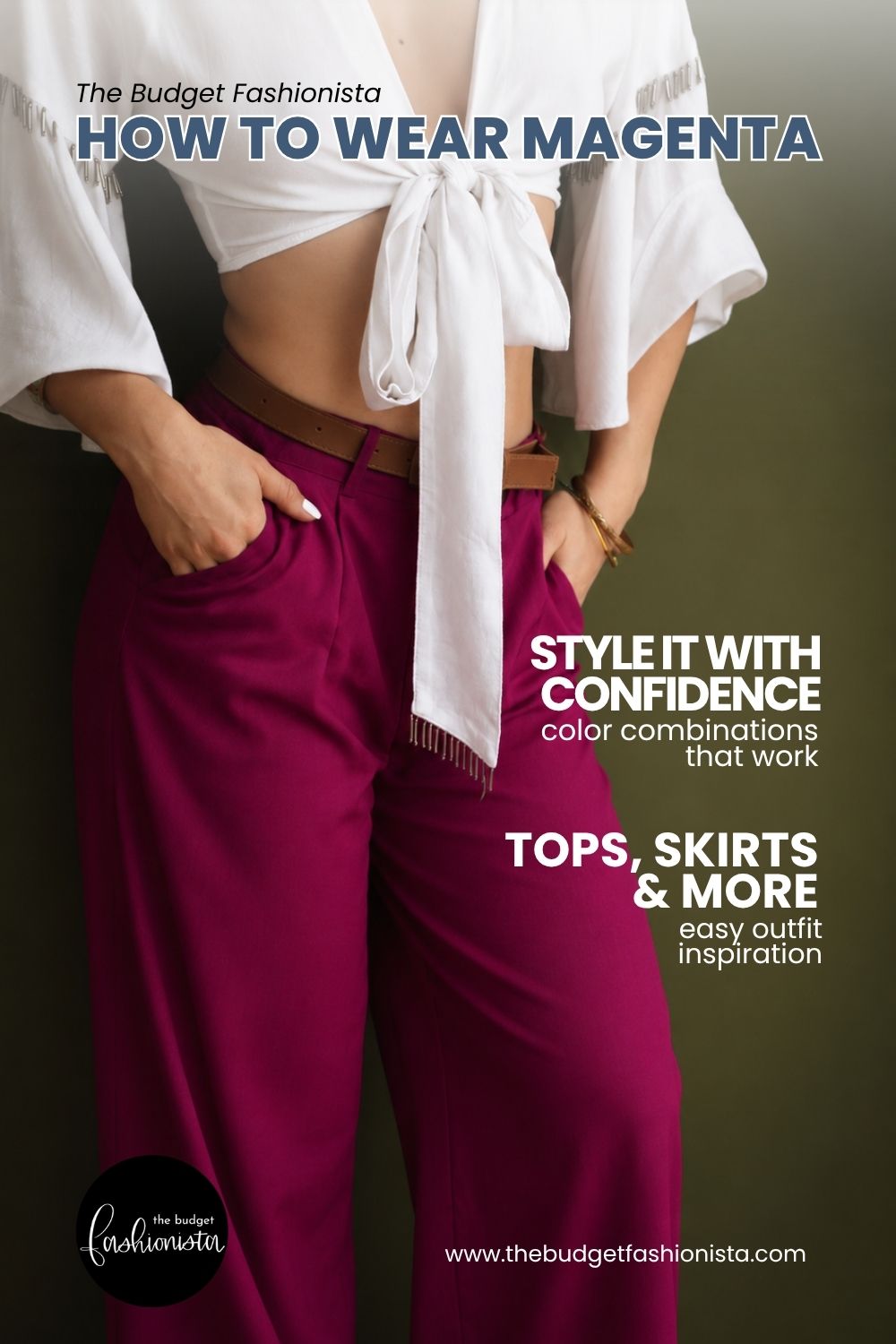 How to wear magenta 1 Woman wearing magenta pants and white top