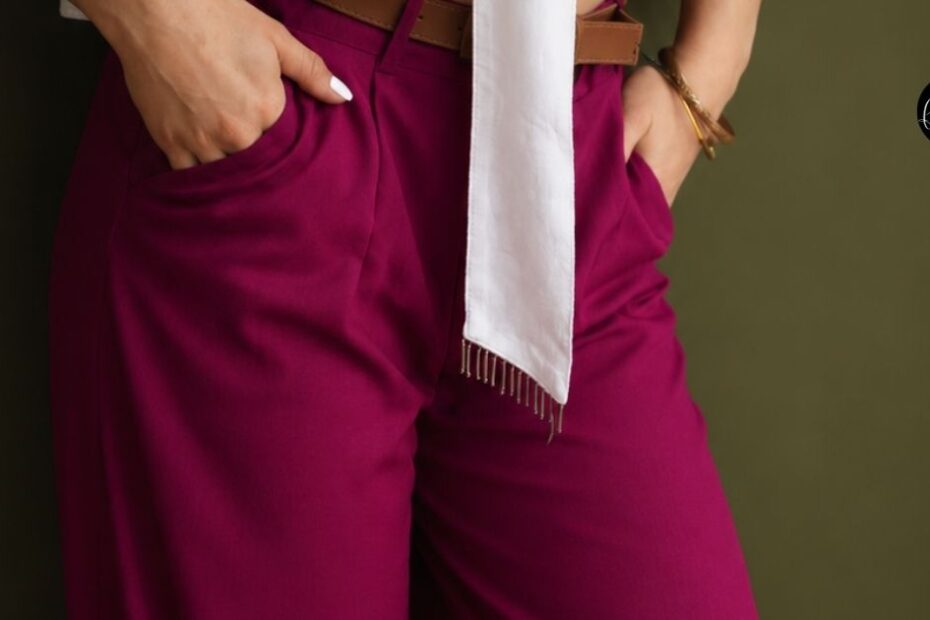 Magenta pants with white tie-front top