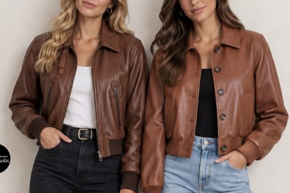 Two women wearing brown leather jacket outfits
