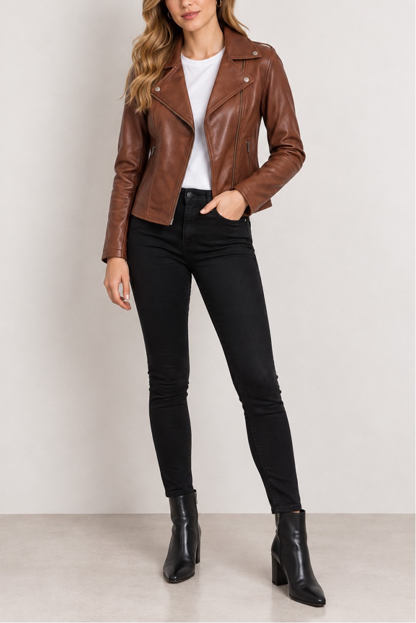 Brown leather jacket, 9 ways: Outfit ideas for every style 2 Model wearing brown leather moto jacket with skinny pants