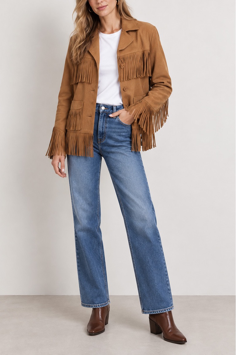 Brown leather jacket, 9 ways: Outfit ideas for every style 4 Woman wearing fringed brown leather jacket with straight-leg denim
