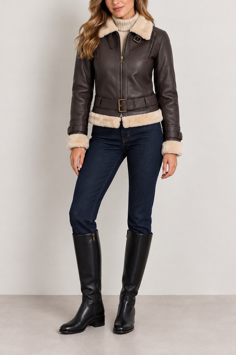 Brown leather jacket, 9 ways: Outfit ideas for every style 6 Model wearing brown leather jacket with neutral sweater