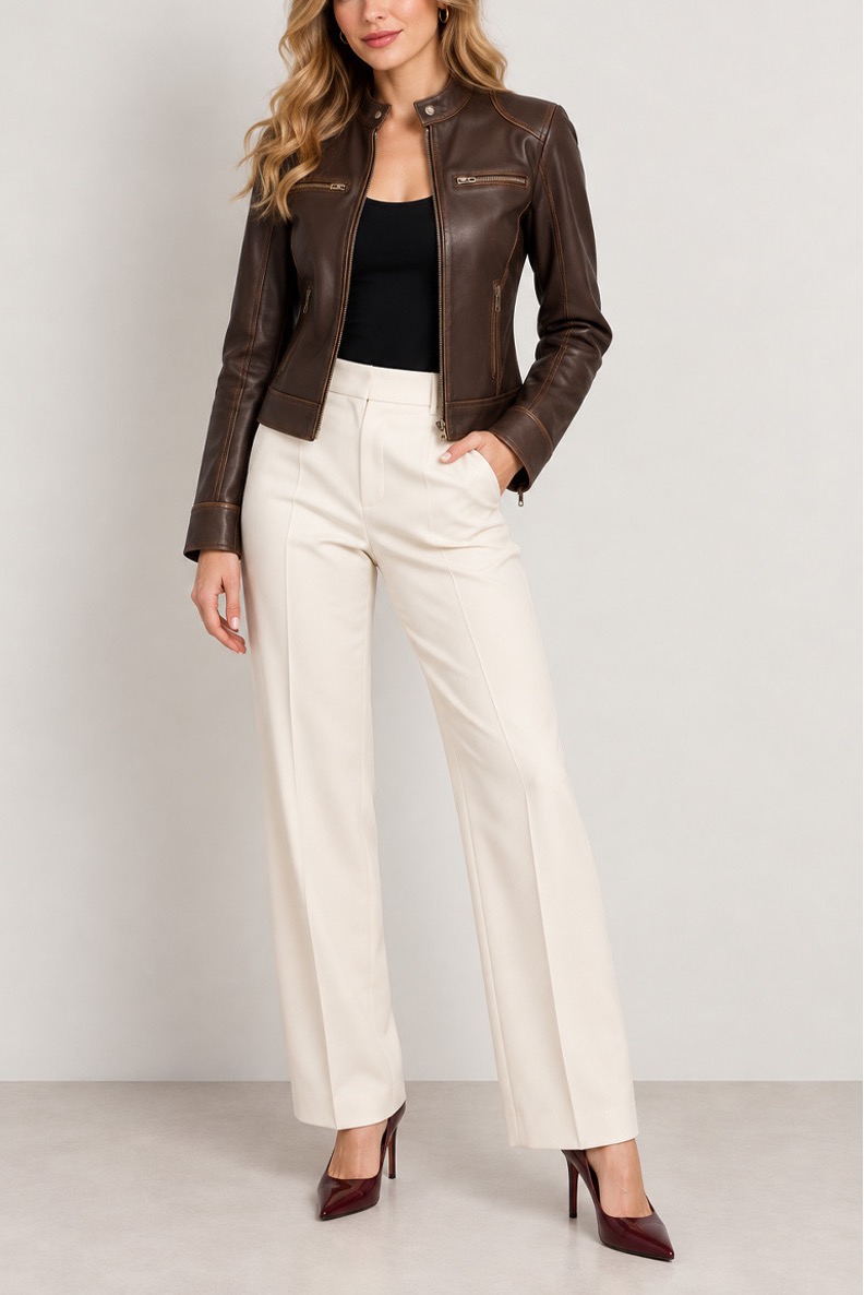 Brown leather jacket, 9 ways: Outfit ideas for every style 7 Model wearing brown leather jacket with wide leg trousers