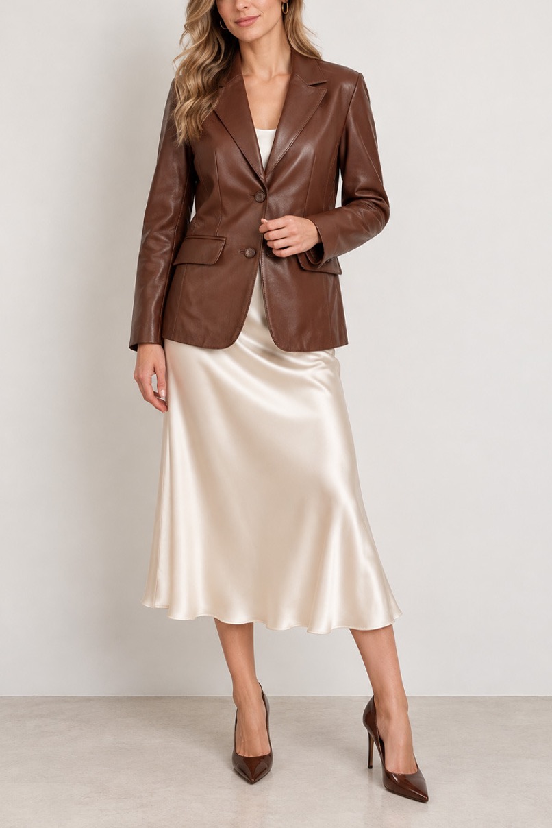 Brown leather jacket, 9 ways: Outfit ideas for every style 8 Model wearing brown leather blazer over a slinky skirt