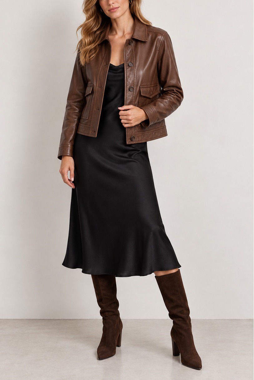 Brown leather jacket, 9 ways: Outfit ideas for every style 9 Model wearing brown leather trucker jacket over a black dress